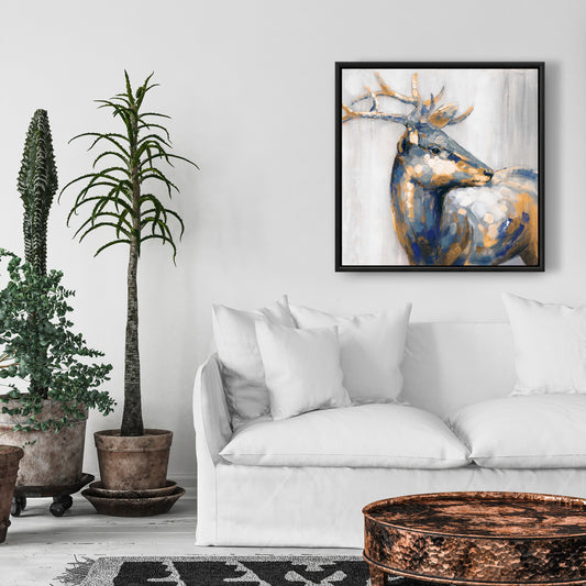 Toile Cerf doré | Décoration de chambre bleue | Art contemporain