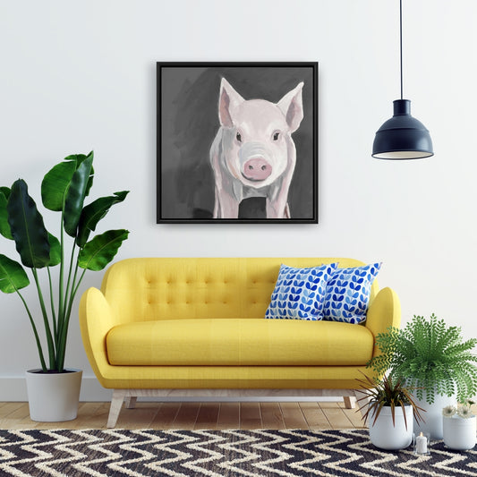 Little Piglet Gray Framed Canvas | Animal Living Room Decor