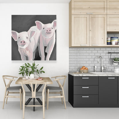 Rustic Gray Canvas - Two Little Piglets - Home Decor Art