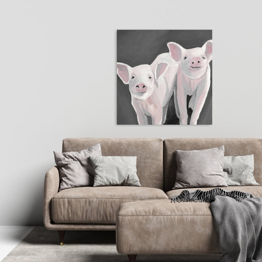 Rustic Gray Canvas - Two Little Piglets - Home Decor Art
