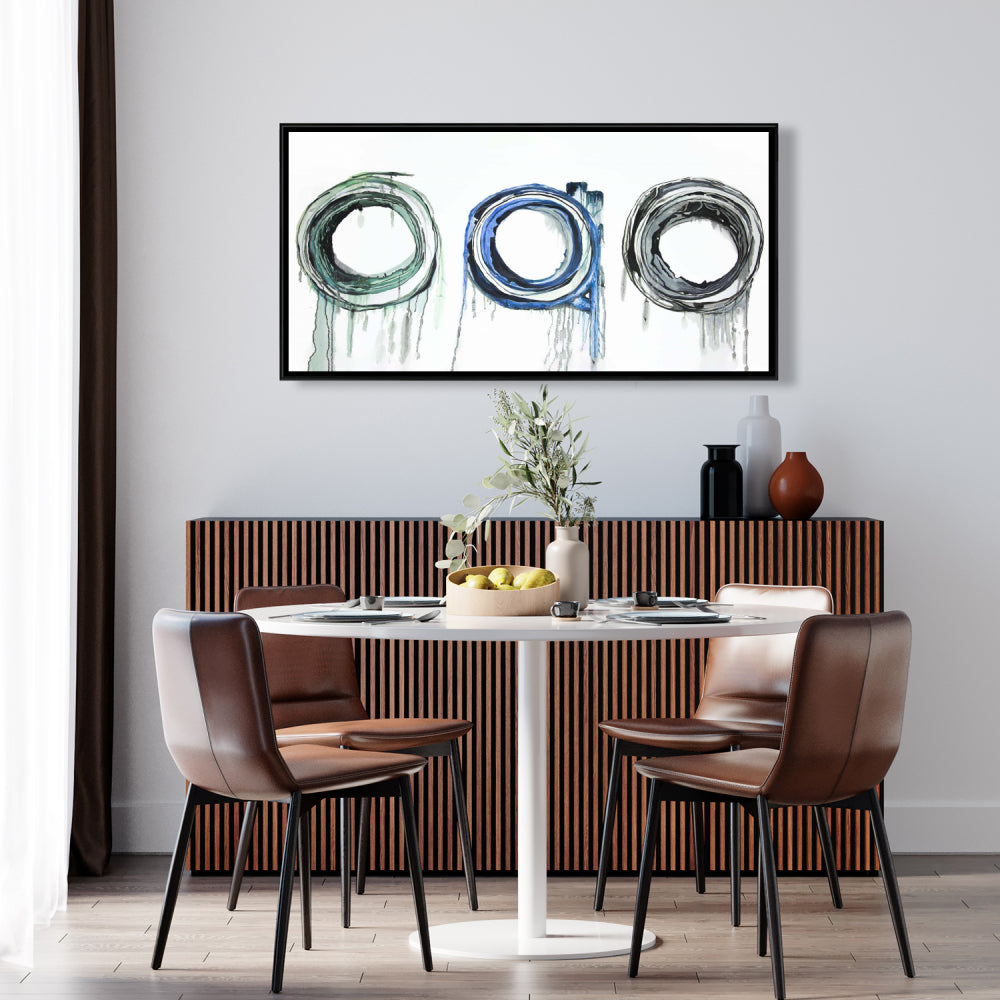 Trio de cercles bleus, formes modernes, toile encadrée décorative