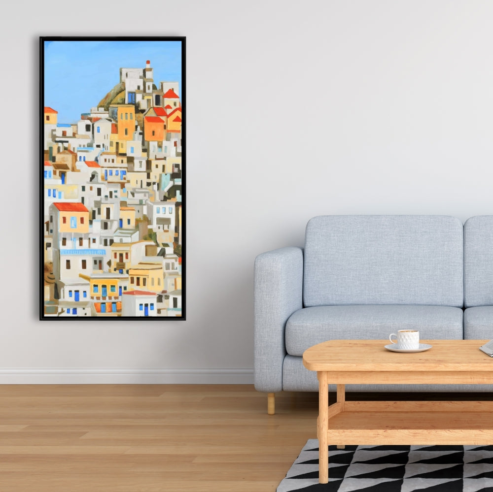Small Houses in Greece | Blue Cities Framed Canvas Decor