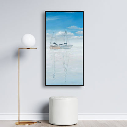 Coastal Blue Boat Canvas | Two Sailboats Quiet Lake Decor
