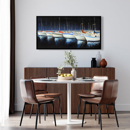 Toile « Bateaux de pêche à la marina » | Décoration murale encadrée bleue