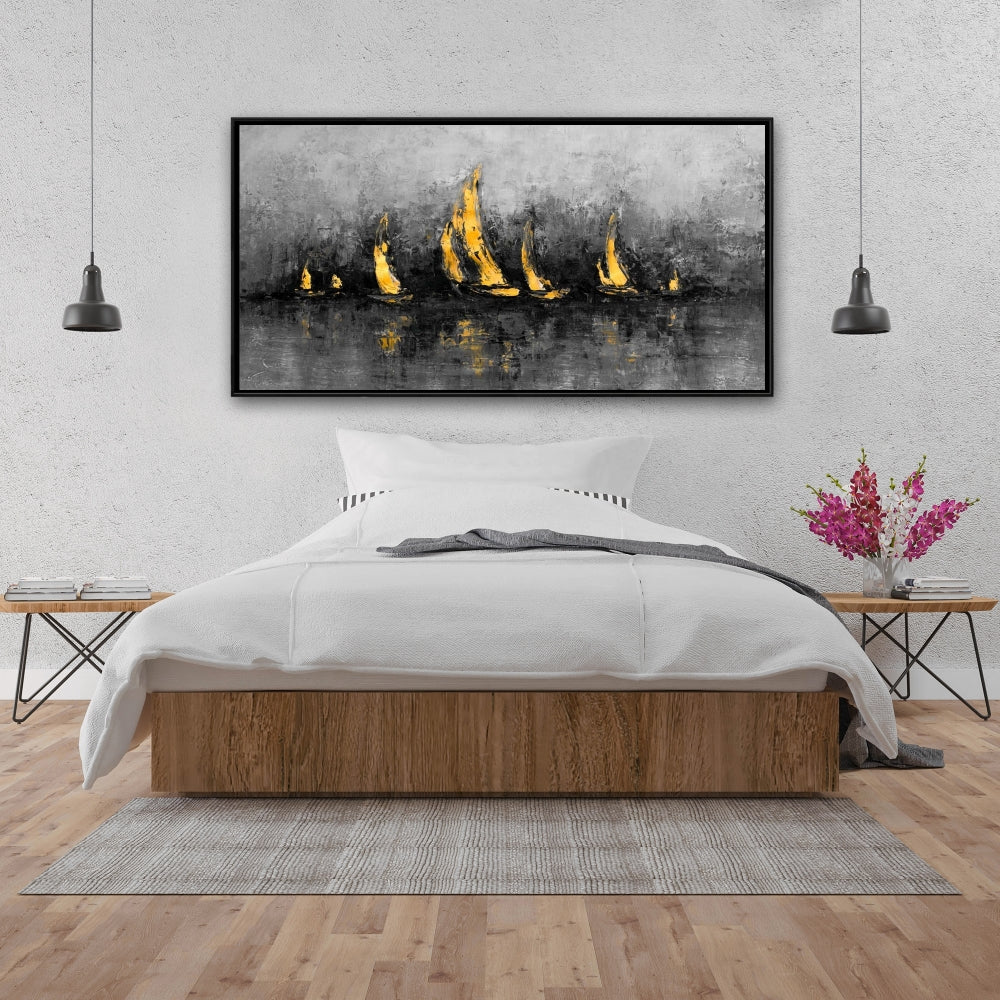Toile de voiliers dorés | Décoration murale abstraite moderne pour chambre à coucher