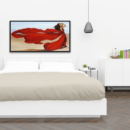 Beach Fashion Bedroom Framed Canvas - Woman in Red Dress Decor