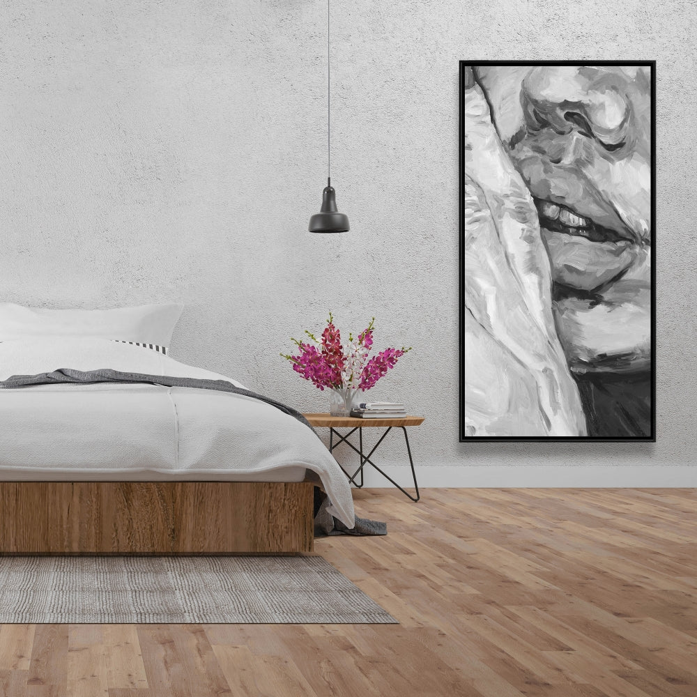 Toile monochrome grise « Lèvres pulpeuses » | Décoration de chambre