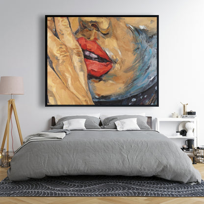 Figurative Brown Contemporary Framed Canvas - Shushing Lips Decor