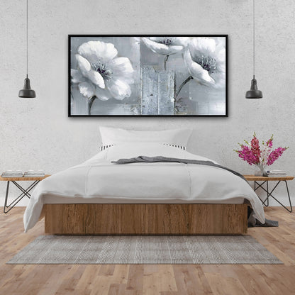 Toile botanique à fleurs grises et blanches | Cadre blanc pour décoration d'intérieur