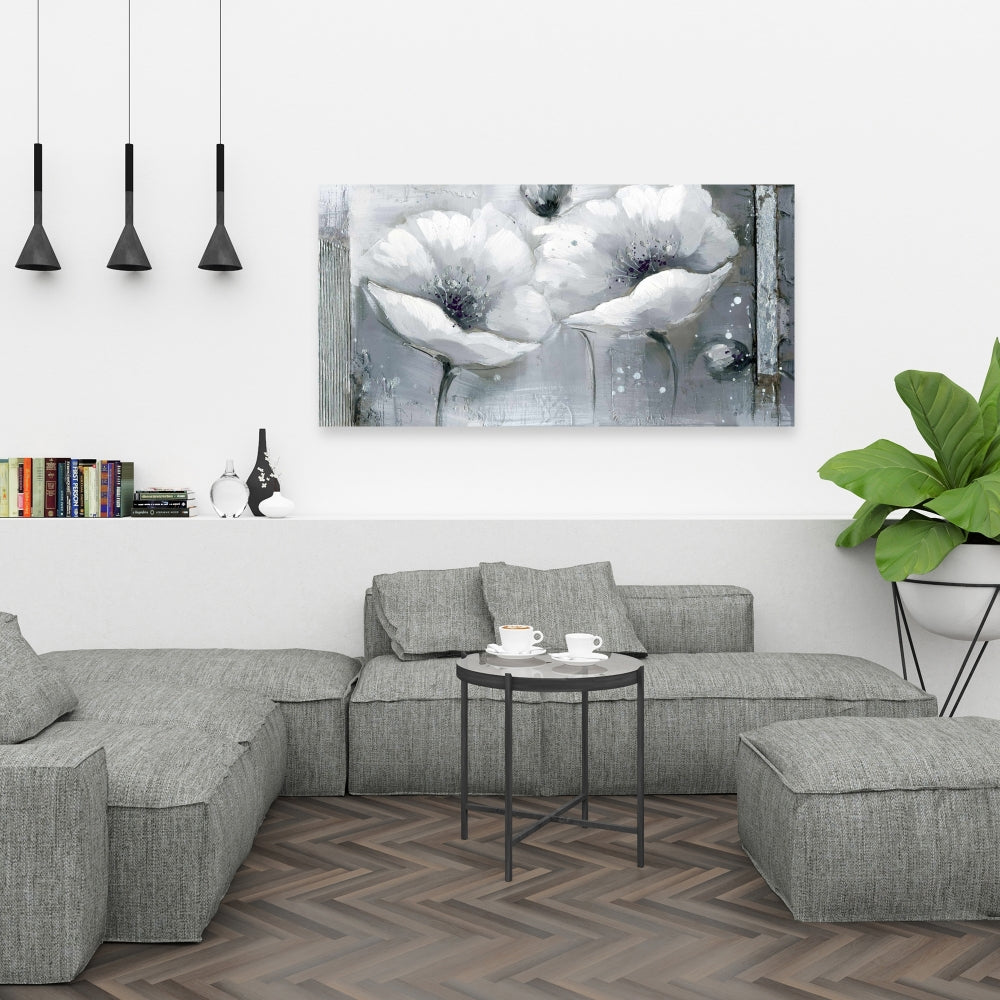 Toile blanche à fleurs en nuances de gris | Décoration florale industrielle