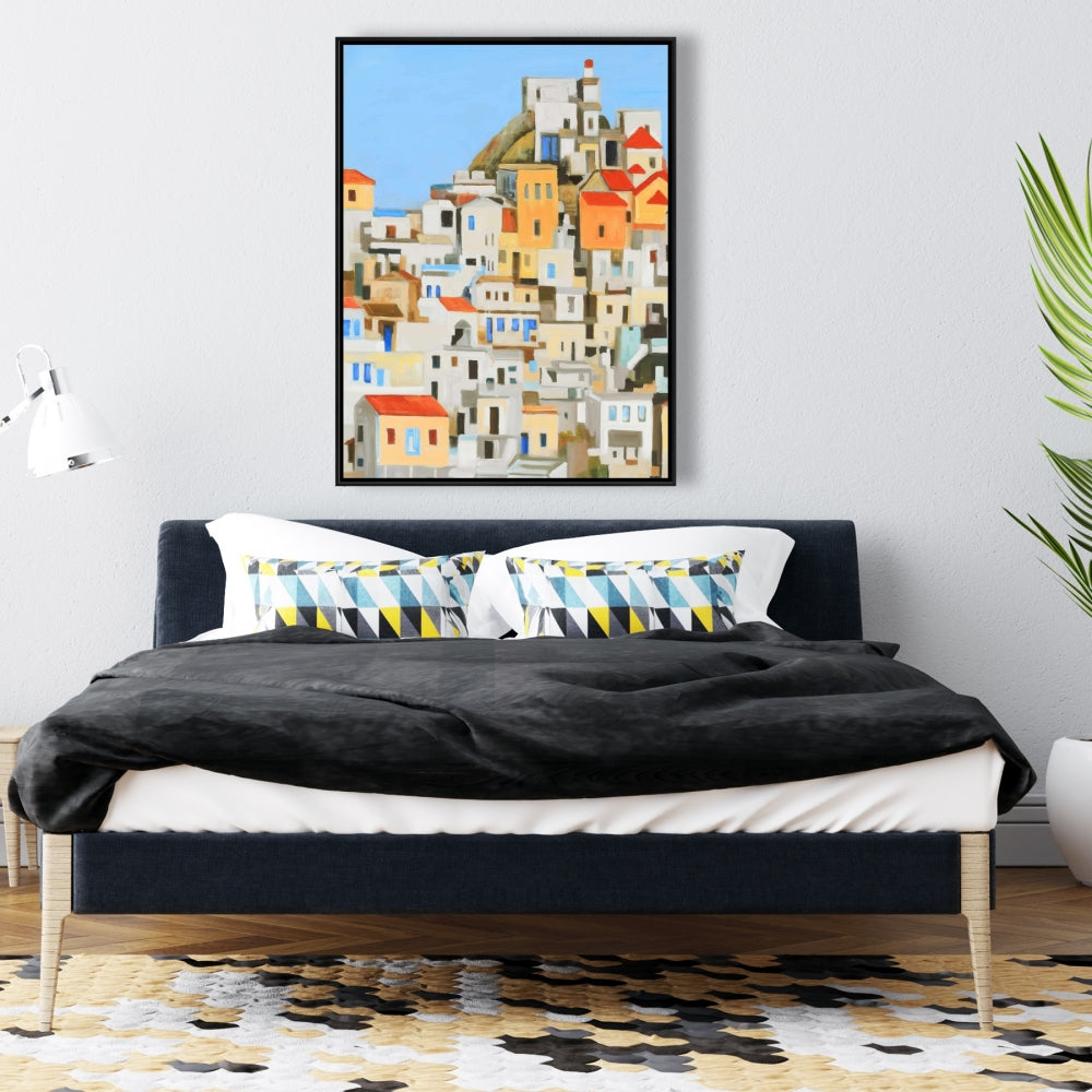 Small Houses in Greece | Blue Cities Framed Canvas Decor