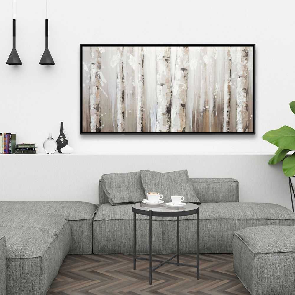 White Romantic Floral Canvas | Birch Trees on Gray Background