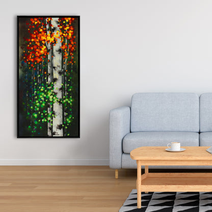Birch Two-Tone Leaves | Green Framed Canvas for Home Decor
