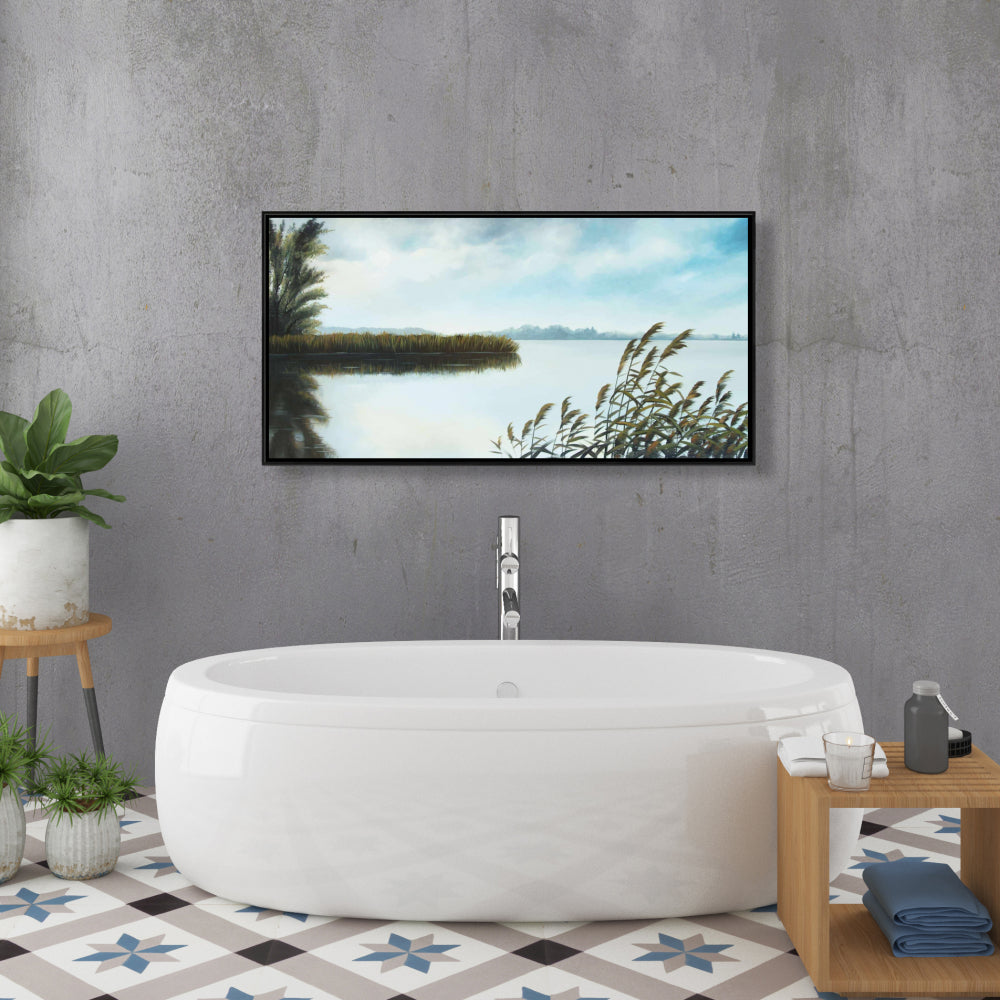 Quiet Lake Coastal Contemporary Blue Framed Canvas - Home Decor