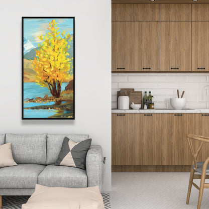 Toile encadrée « Réflexion d'arbre jaune » | Décoration côtière bleue