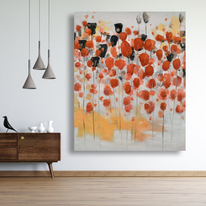 Gray Abstract Canvas - Red Dotted Flowers Field Home Decor