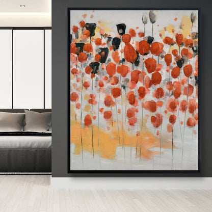 Abstract Red Dotted Flowers Field - Contemporary Framed Canvas