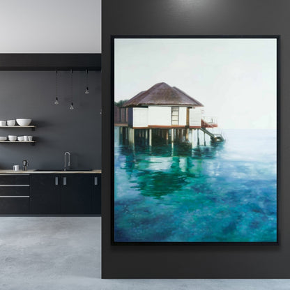 Toile encadrée « Dream Travel » turquoise pour salle de bain côtière