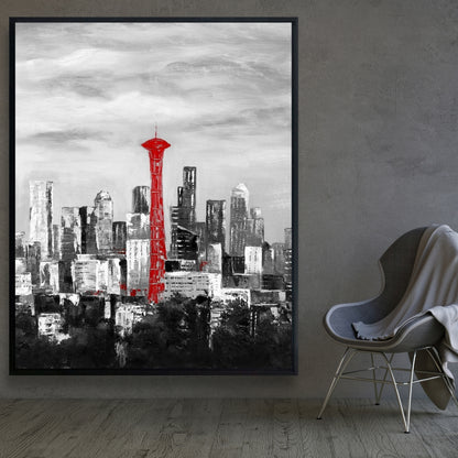 Space Needle in Red Canvas | White Frame | Home Decor Art