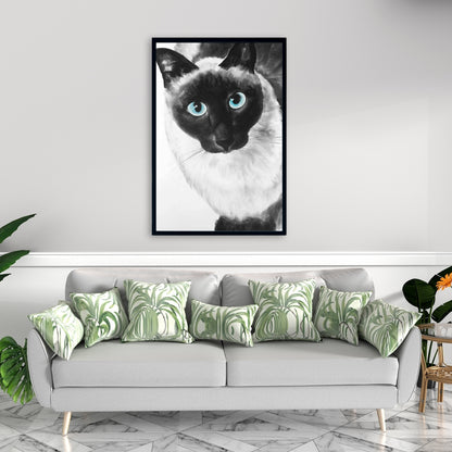 Toile de chat siamois aux yeux bleus - Décoration d'intérieur encadrée blanche