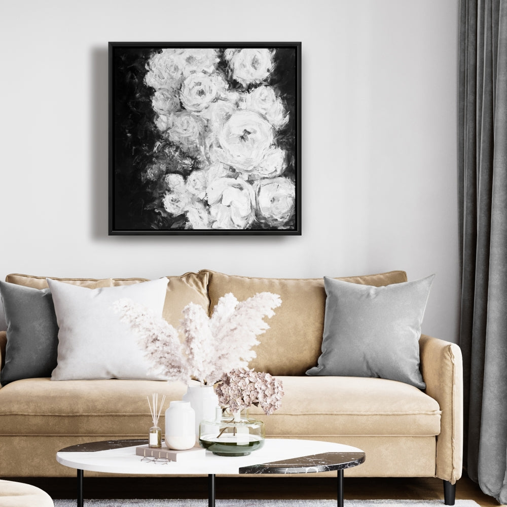 Roseraie monochrome | Toile encadrée florale et botanique