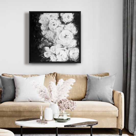 Roseraie monochrome | Toile encadrée florale et botanique