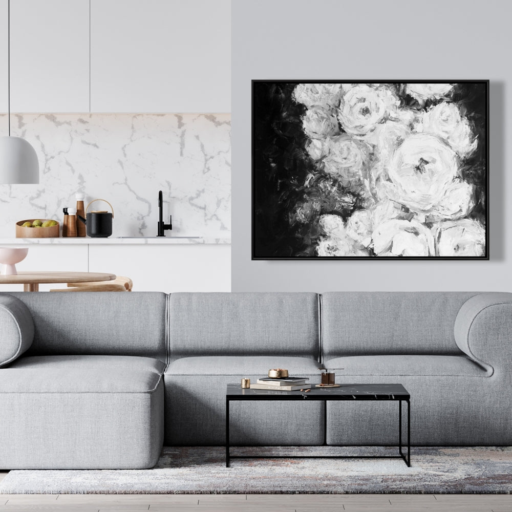 Roseraie monochrome | Toile encadrée florale et botanique