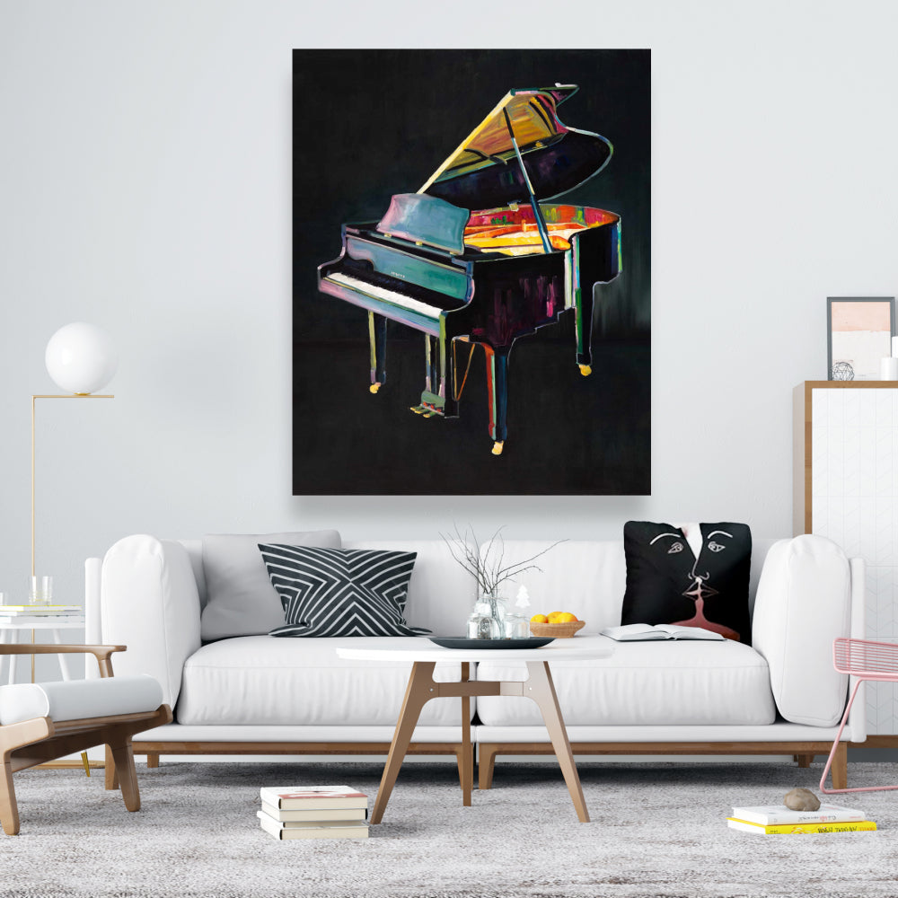 Toile musicale grise – Piano réaliste et coloré pour décoration d'intérieur