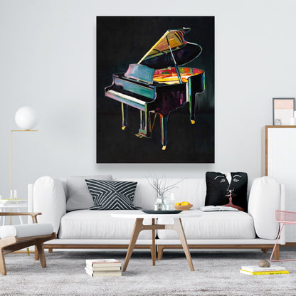 Toile musicale grise – Piano réaliste et coloré pour décoration d'intérieur