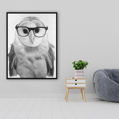Barn Owl with Glasses | White Framed Canvas Home Decor