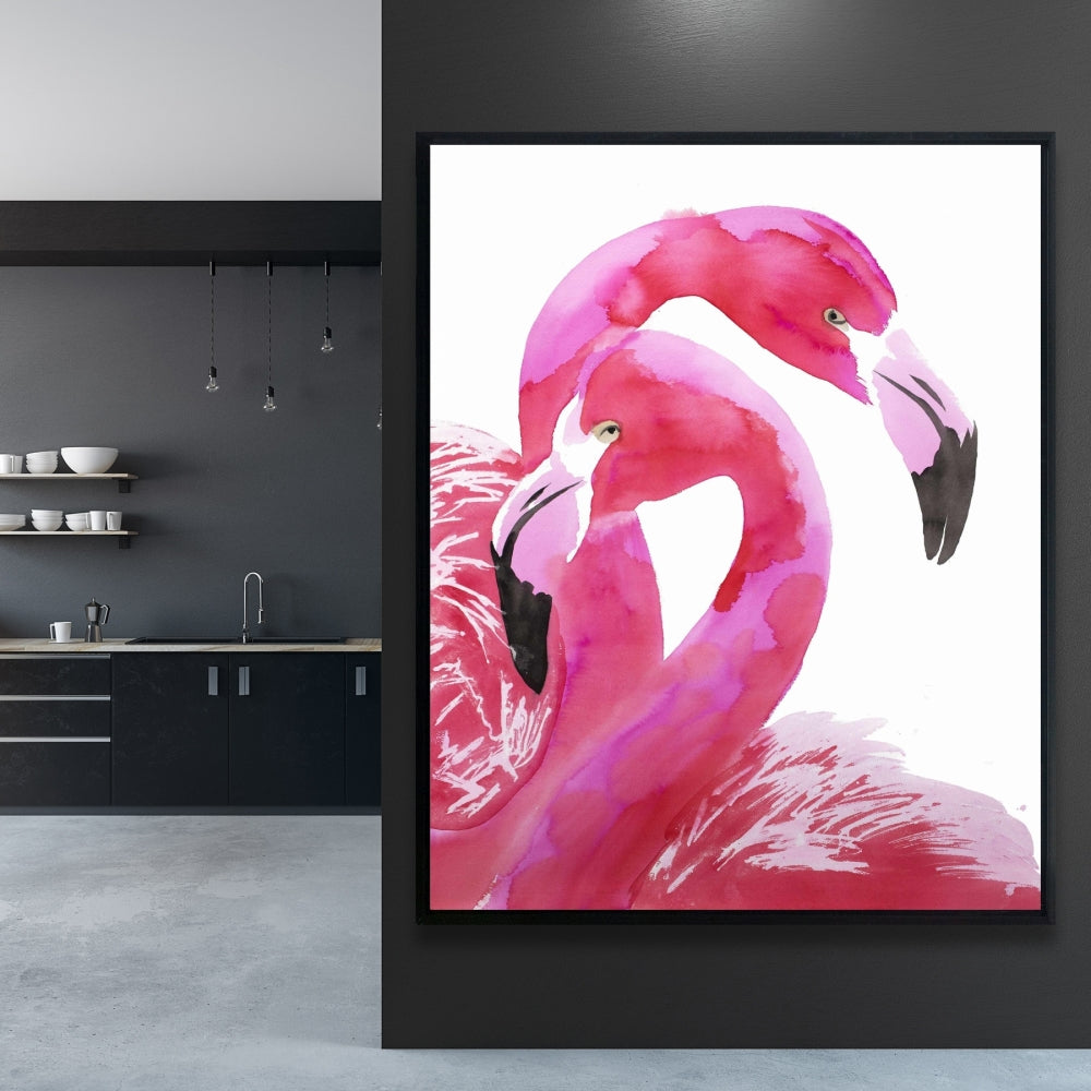 Aquarelle Flamingo Love - Toile encadrée avec oiseau rose