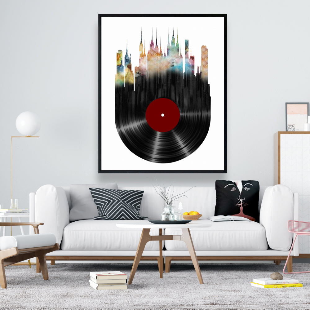 Toile encadrée bleue moderne - Décor de ville abstraite sur disque vinyle