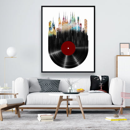 Toile encadrée bleue moderne - Décor de ville abstraite sur disque vinyle
