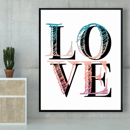 Toile encadrée avec citation florale colorée « Love » - Décoration de chambre
