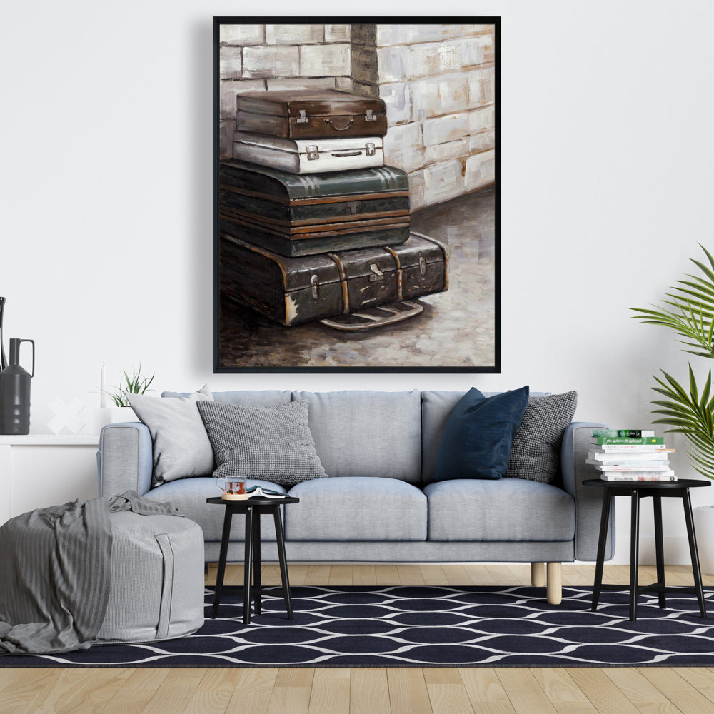 Toile encadrée marron – Décor de quatre vieilles valises de voyage