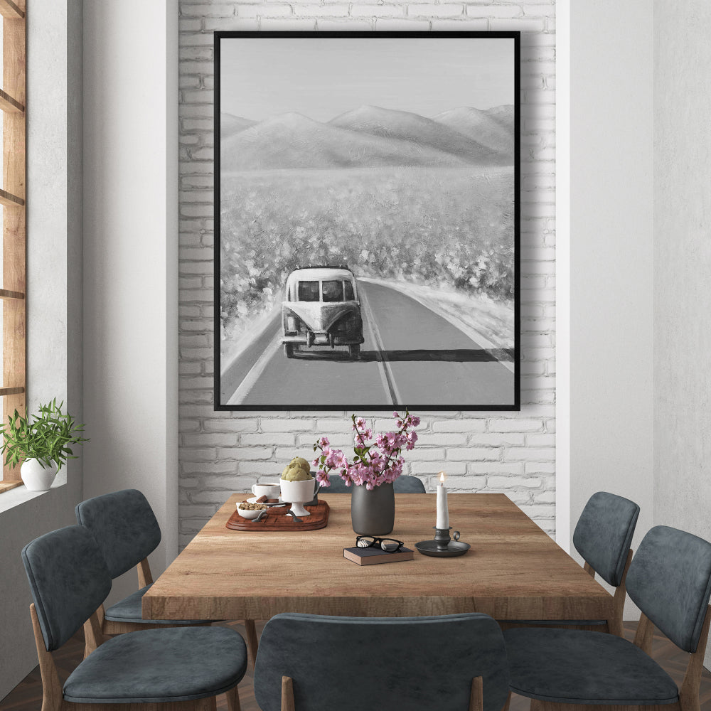Voiture sur la route – Toile monochrome de montagne | Décoration d'intérieur