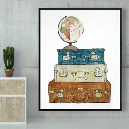 Tour du monde - Toile encadrée bleue pour décoration intérieure