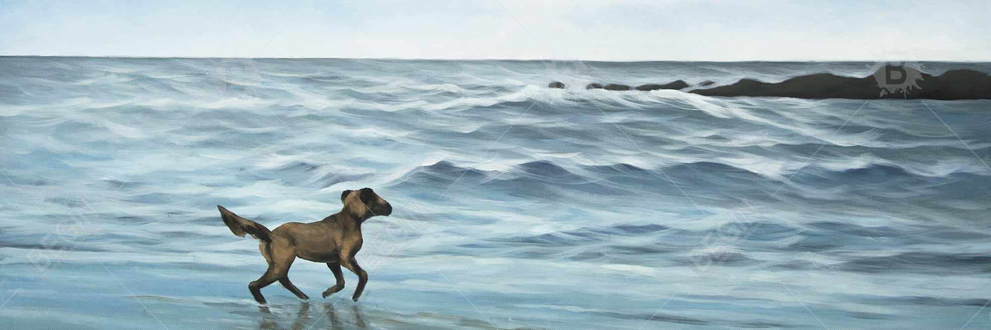 Toile « Chien sur la plage » bleu | Décoration murale