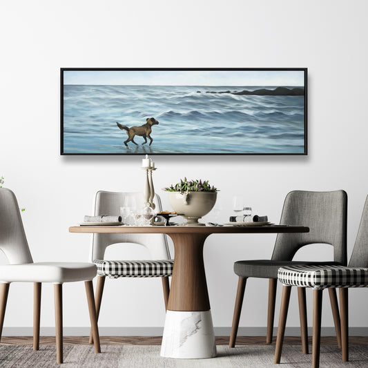 Toile « Chien sur la plage » bleu | Décoration murale
