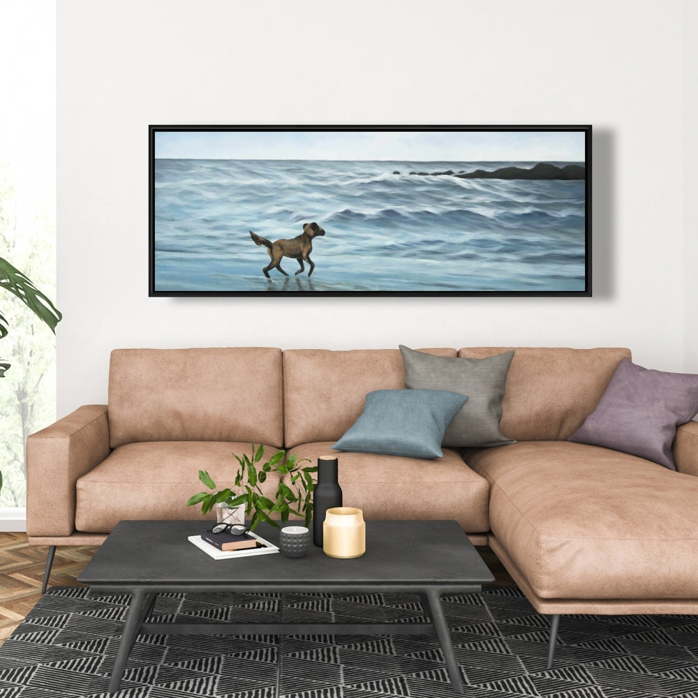 Toile « Chien sur la plage » bleu | Décoration murale