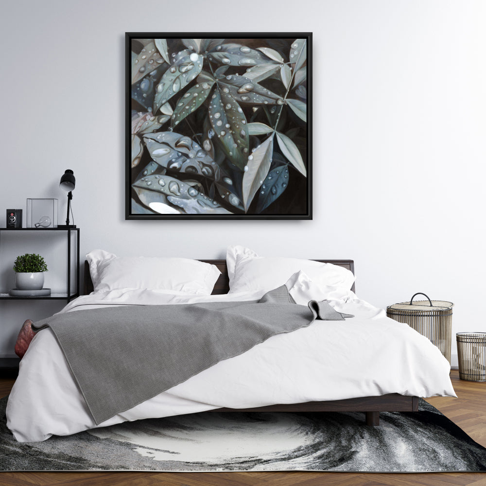 Feuilles après la pluie – Toile encadrée botanique | Décoration de salle de bain