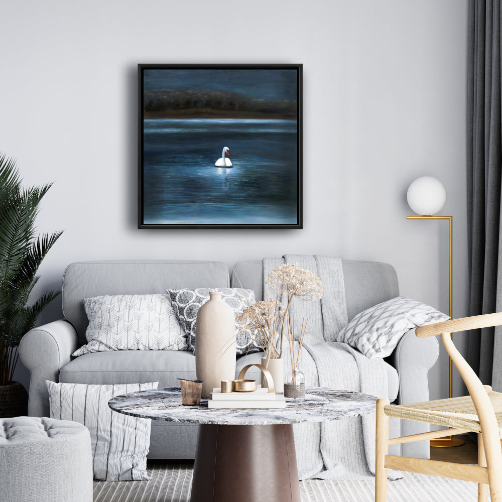 Magnifique toile « Cygne » | Arbres romantiques, cadre bleu, décoration d'intérieur