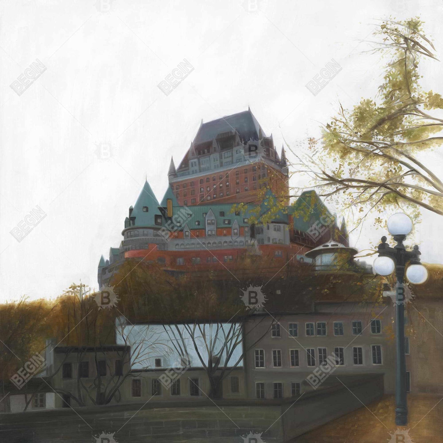 Le Château de Frontenac Autumn Canvas - Brown Framed Decor