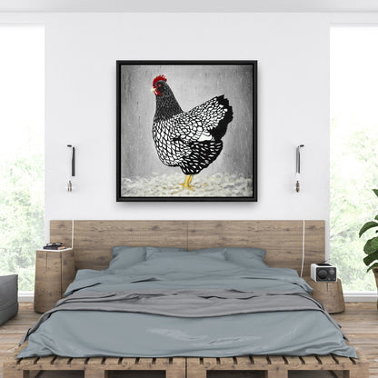 White Rustic Framed Canvas | Black and White Wyandotte Hen