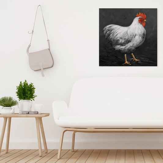 Grey Rooster Canvas - White Farm Animals Wall Art Decor