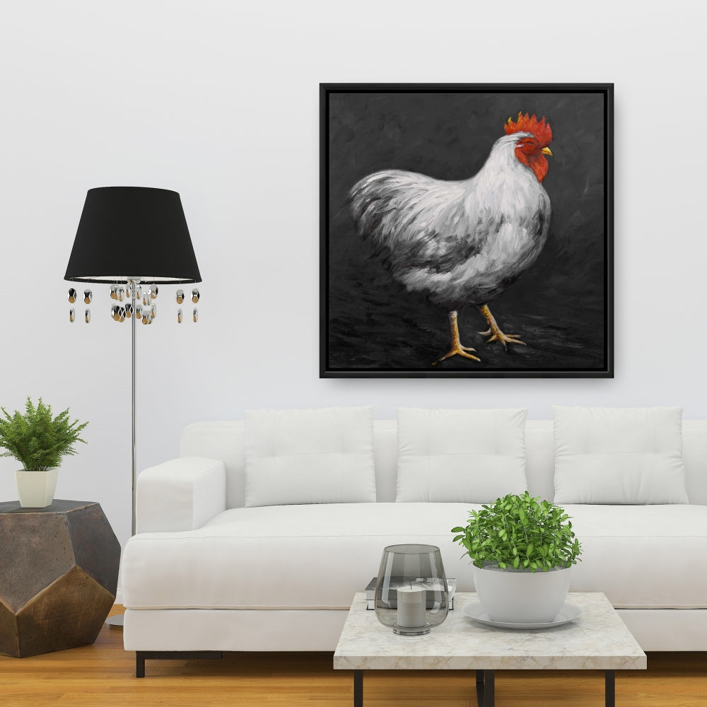 Grey Rooster 2 | White Farm Animals Framed Canvas Decor