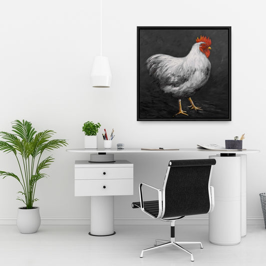 Coq gris 2 | Toile encadrée blanche représentant des animaux de la ferme