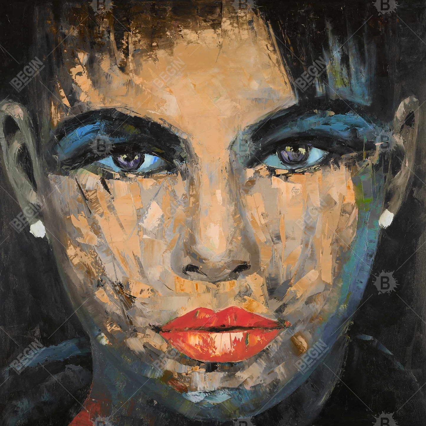 Portrait féminin abstrait | Toile encadrée bleue - Décoration d'intérieur