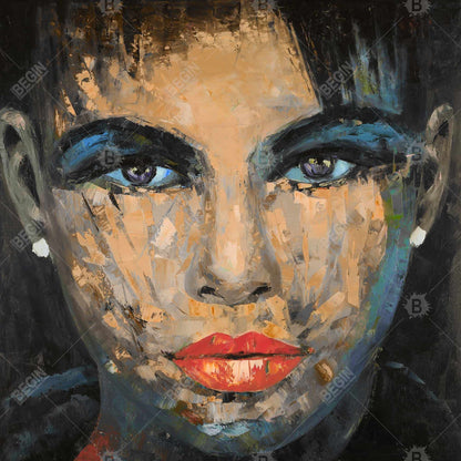 Portrait féminin abstrait | Toile encadrée bleue - Décoration d'intérieur