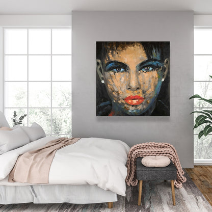 Toile de chambre bleue – Portrait féminin abstrait, décoration d'intérieur